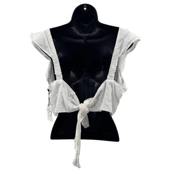 Japna Eyelet Crop Top Womens L White Deep V-Neck Flutter Sleeve Tie Back Cotton - Picture 6 of 9